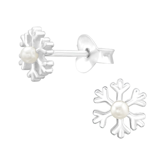 Synthetic Pearl Snowflake Stud Earrings - Pair - 925 Sterling Silver