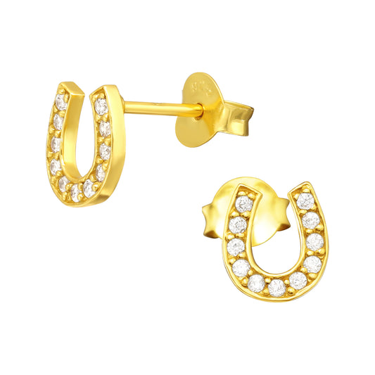 Crystal Horseshoe Stud Earrings - Pair - Gold Plated 925 Sterling Silver