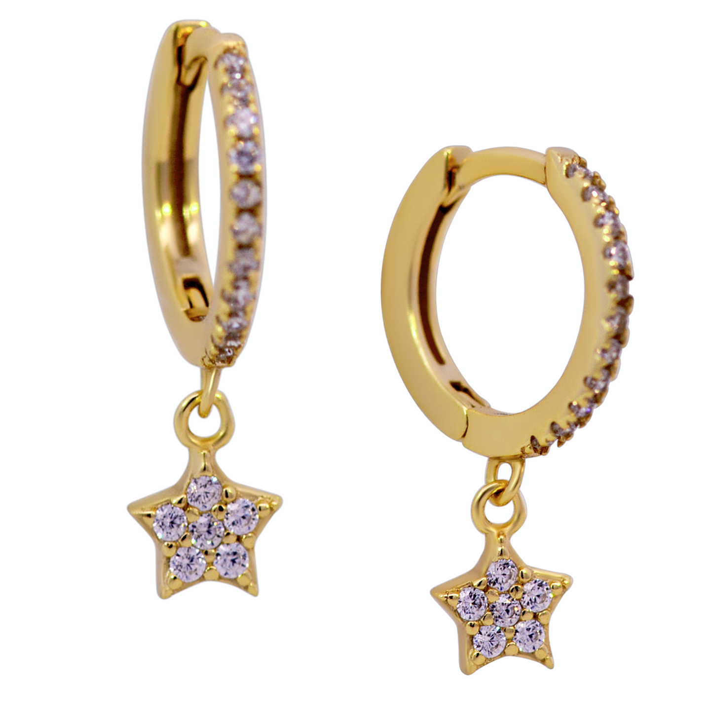 Zircon Lined Star Dangling Huggie Hoop Earrings - Pair - 925 Sterling Silver
