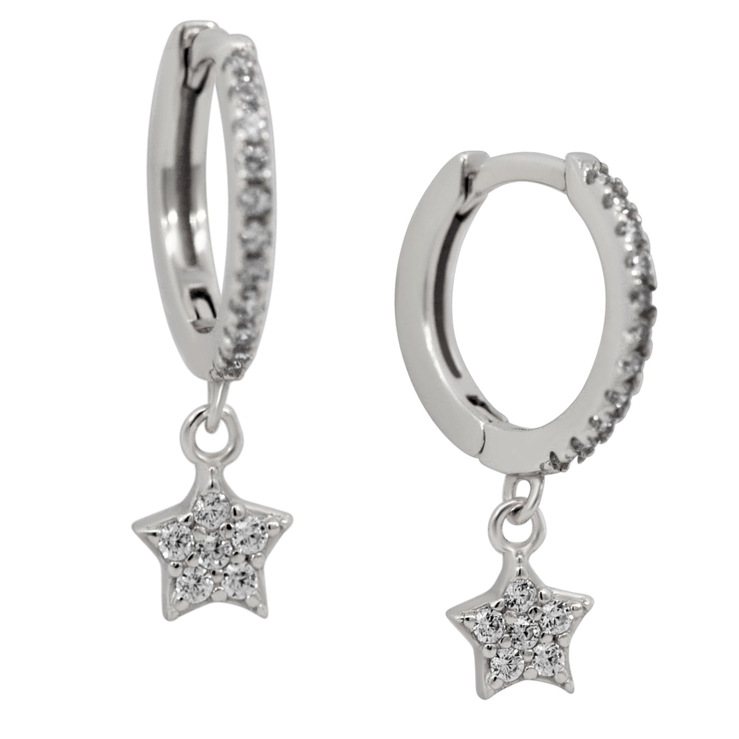 Zircon Lined Star Dangling Huggie Hoop Earrings - Pair - 925 Sterling Silver