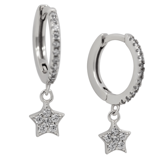 Zircon Lined Star Dangling Huggie Hoop Earrings - Pair - 925 Sterling Silver
