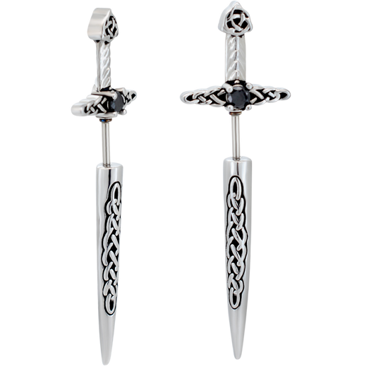 Sword with Celtic Weave Fake Taper Earrings - Pair - 316L Stainless Steel