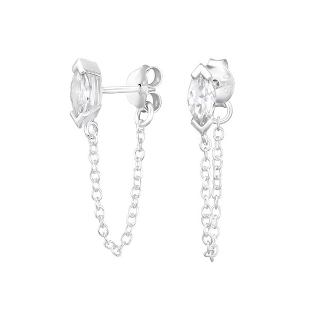 CZ Crystal Marquise Stud Earrings with Connecting Chain - 925 Sterling Silver