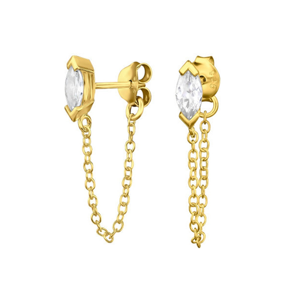 CZ Crystal Marquise Stud Earrings with Connecting Chain - 925 Sterling Silver