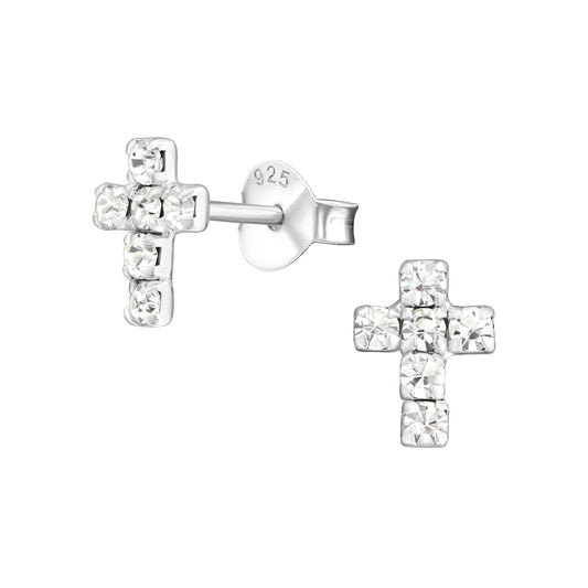 Crystal Cross Stud Earrings - Pair - 925 Sterling Silver