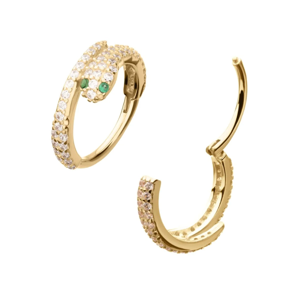 Clear CZ Emerald-Eye Snake Side Facing Hinged Segment Clicker - 14kt Gold