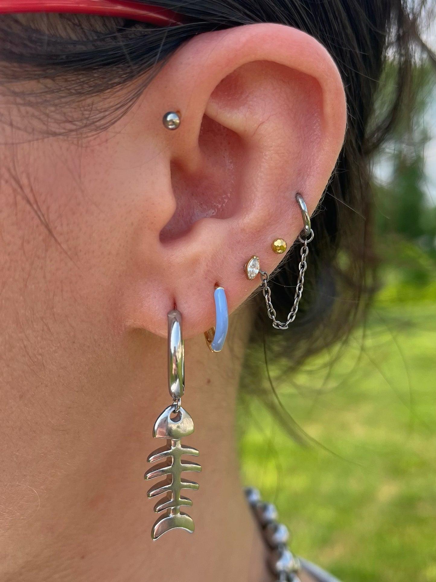 Fishbone Dangling Huggie Hoop Earrings - Pair - Stainless Steel