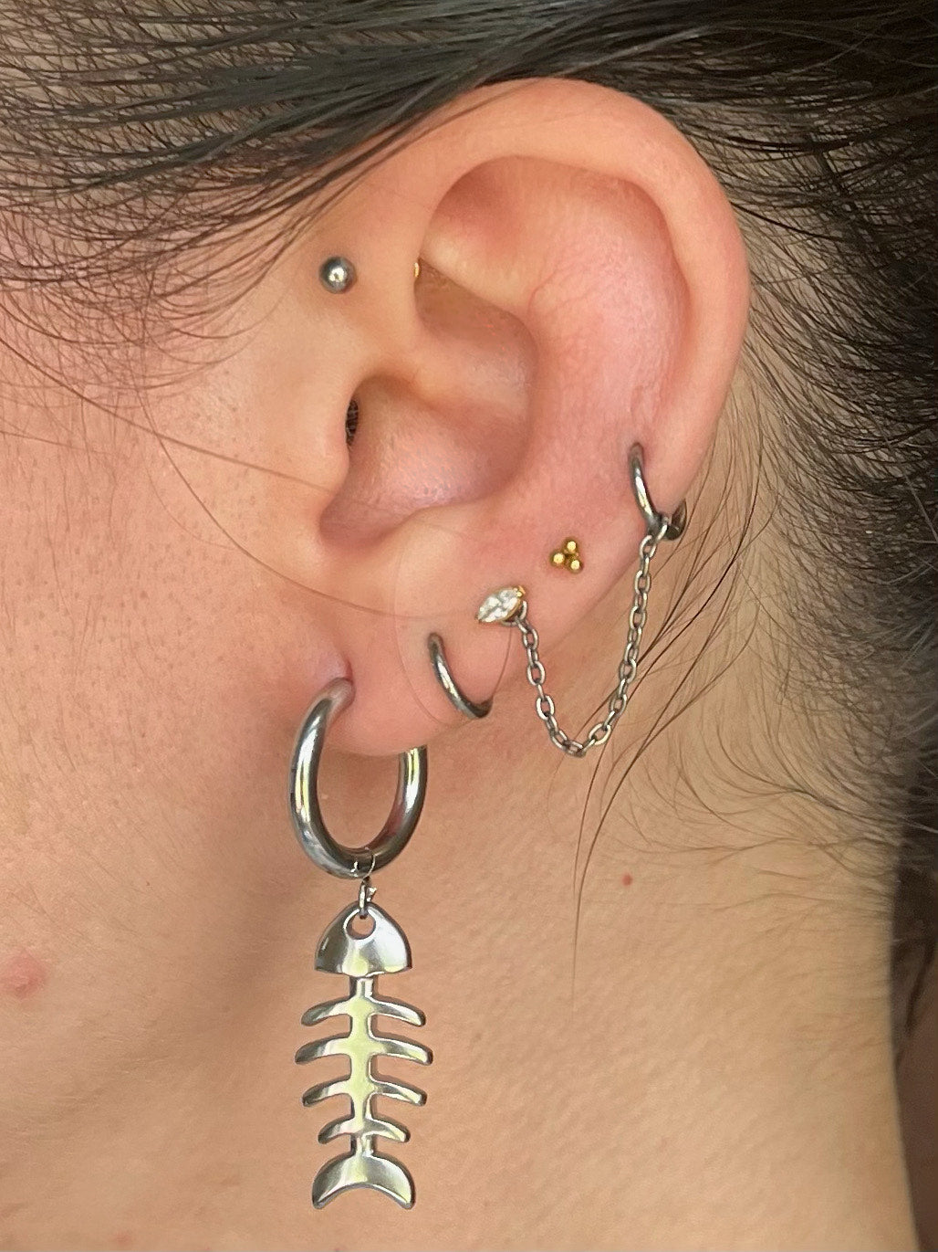 Fishbone Dangling Huggie Hoop Earrings - Pair - Stainless Steel