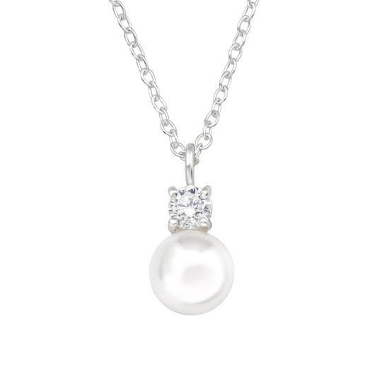 CZ Crystal with Synthetic Pearl Pendant Necklace - 925 Sterling Silver