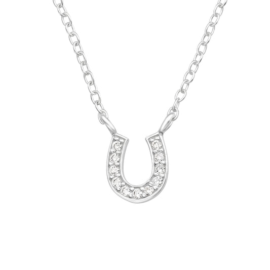 CZ Crystal Horseshoe Pendant Necklace - 925 Sterling Silver