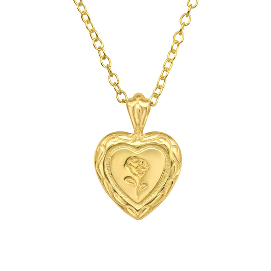 Silver Heart with Rose Flower Pendant Necklace - Gold Plated 925 Sterling Silver