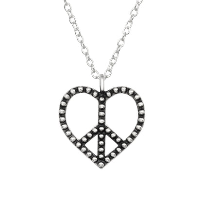 Peace Sign Heart Pendant Necklace - 925 Sterling Silver