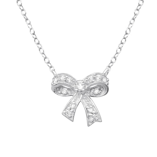 CZ Crystal Bow Ribbon Pendant Necklace - 925 Sterling Silver