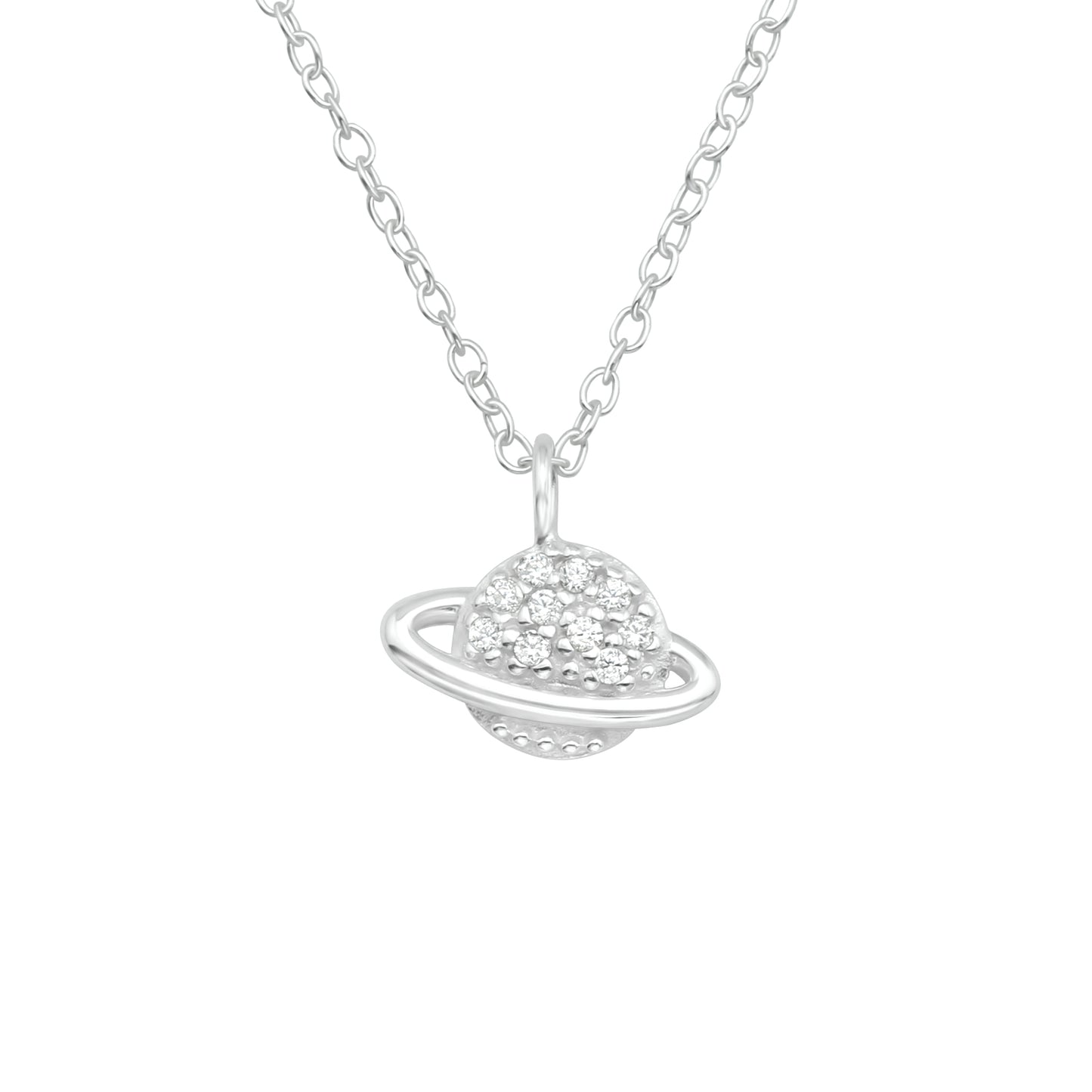 CZ Crystal Saturn Planet Pendant Necklace - 925 Sterling Silver