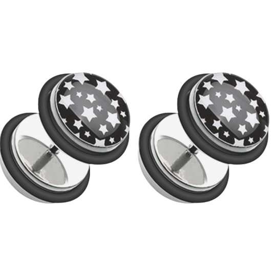 Black and White Multi Star Fake Plugs with Black O-RIngs - Pair - 316L Stainless Steel