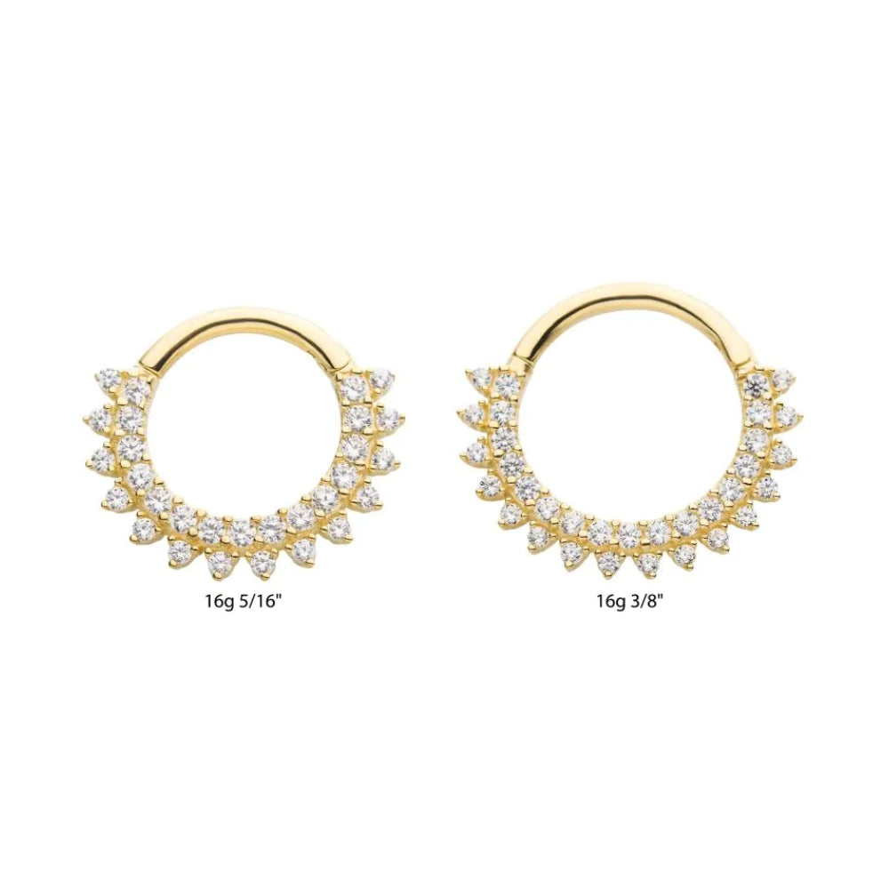 Front Facing Two Row Prong Set CZ Cluster Hinged Clicker - 14kt Gold