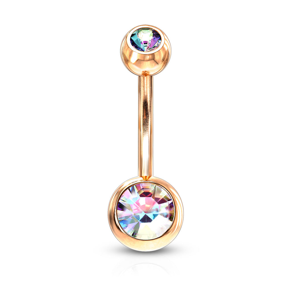 Double CZ Crystal Rose Gold Plated Belly Button Ring - Stainless Steel