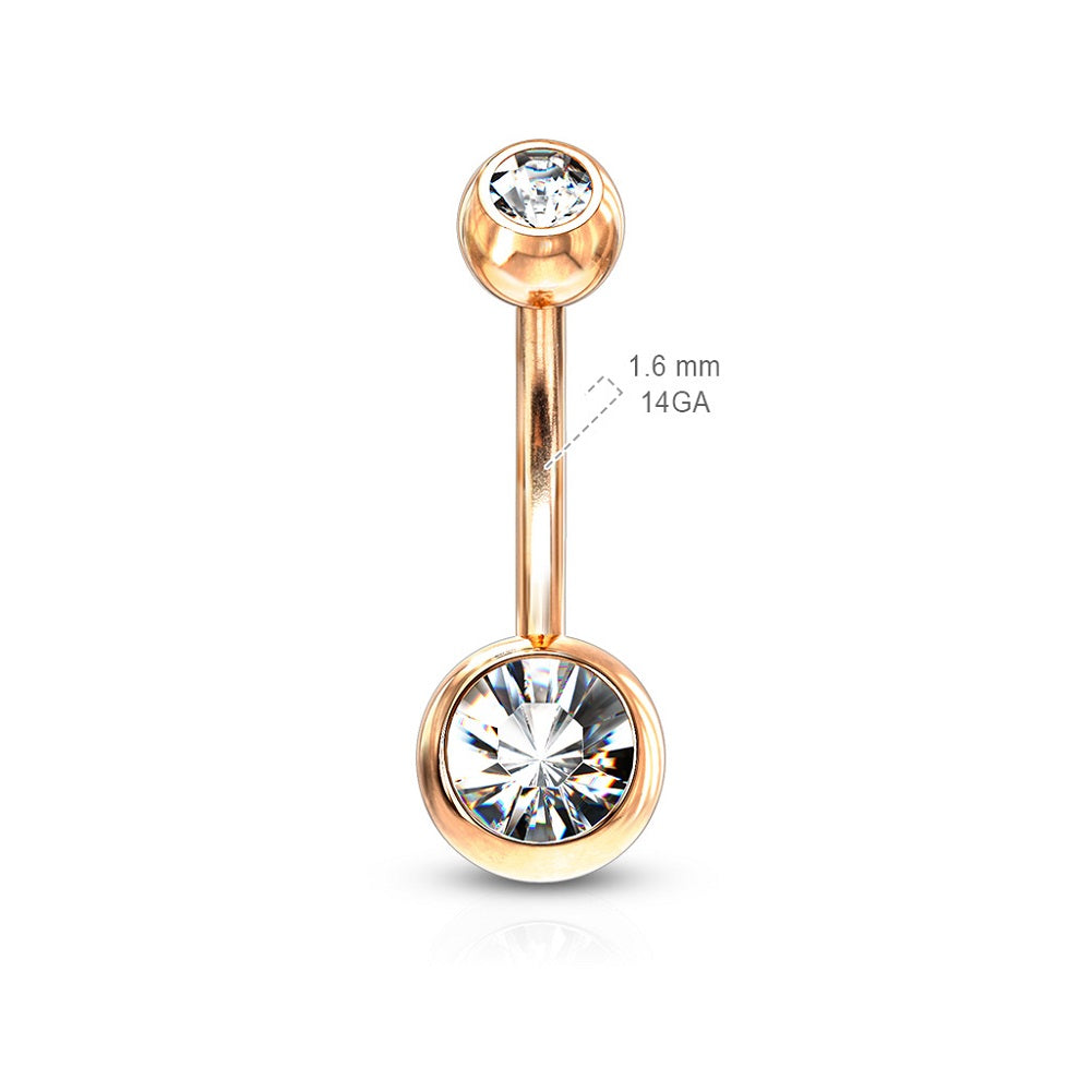 Double CZ Crystal Rose Gold Plated Belly Button Ring - Stainless Steel