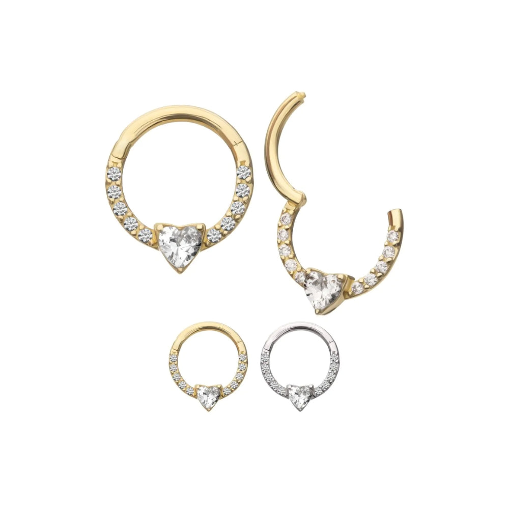 Gem Heart Front Facing Hinged Segment Clicker - 14kt Gold
