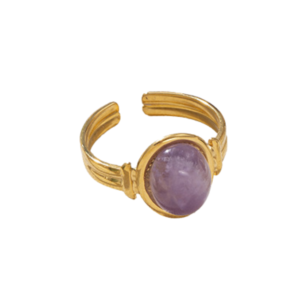 Oval Stone Center Adjustable Ring - Stainless Steel