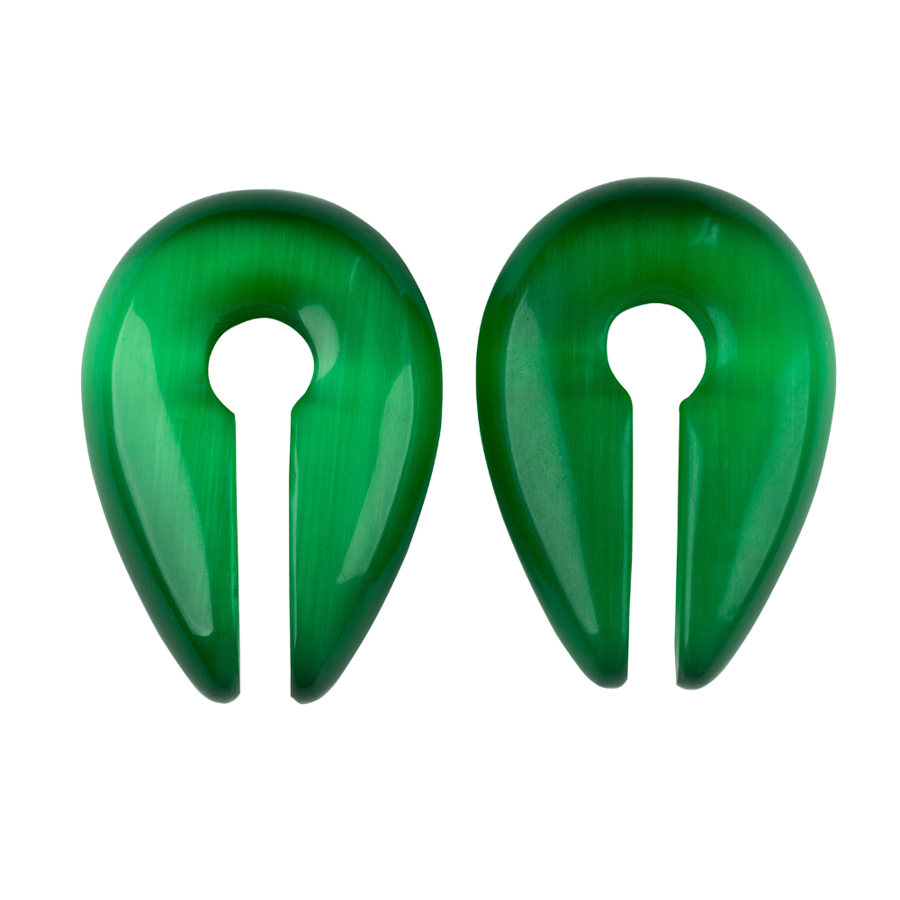 Green Cat's Eye Stone Keyhole Hanging Ear Weights - Pair
