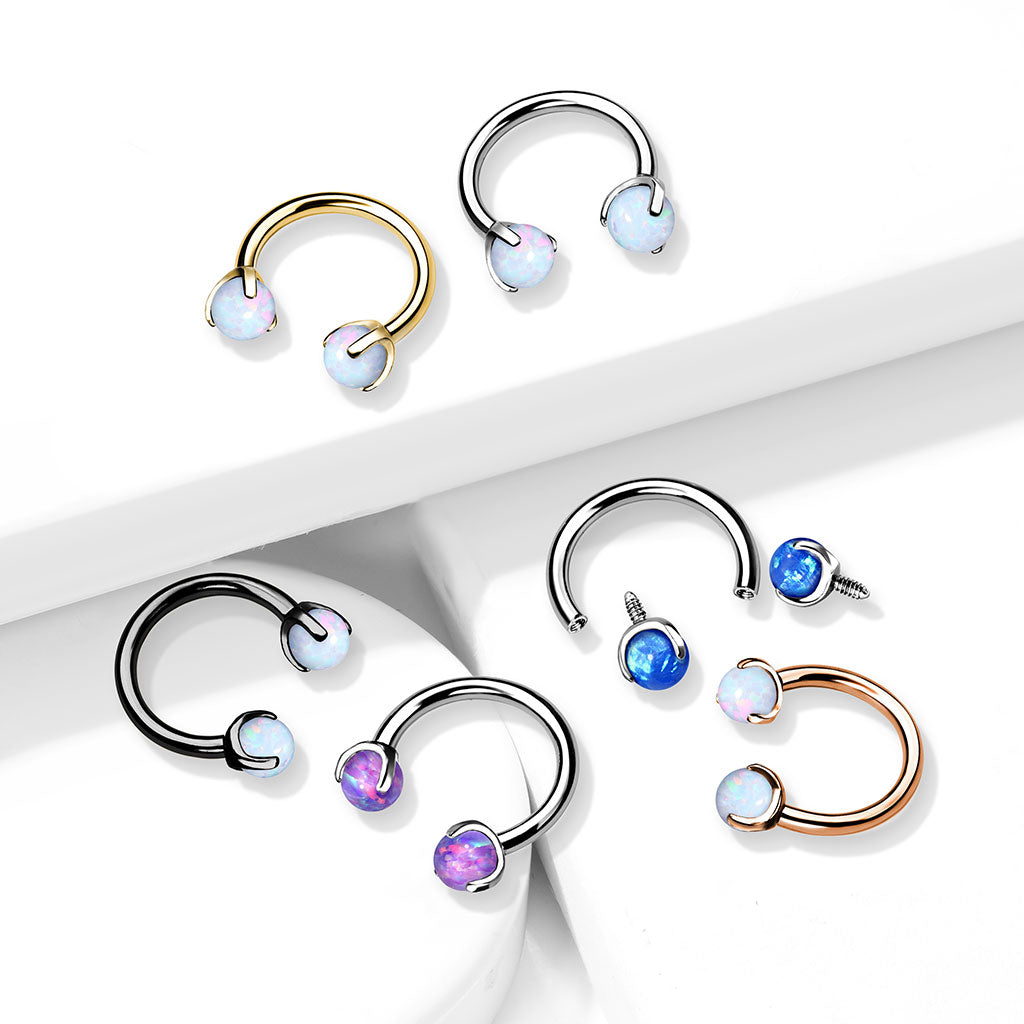 Internally Threaded Claw Set Synthetic Opal Ends Circular Horseshoe Barbell - 316L Stainless Steel