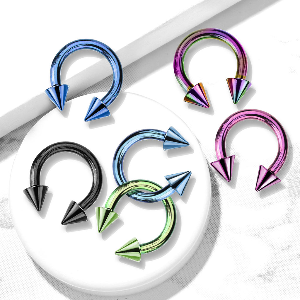 Spike Cone Ends Horseshoe Circular Barbell - Titanium Plated 316L Surgical Steel