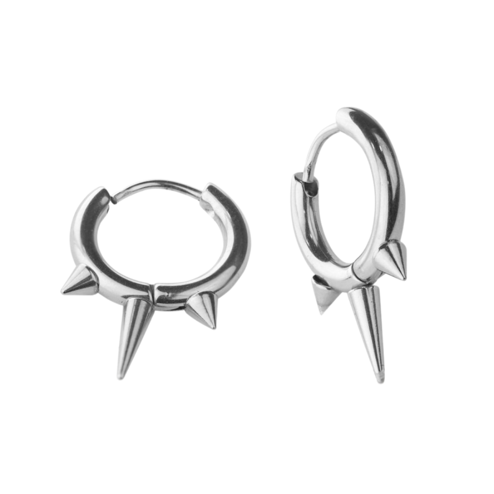 Triple Spike Huggie Hoop Earrings - Pair - Stainless Steel