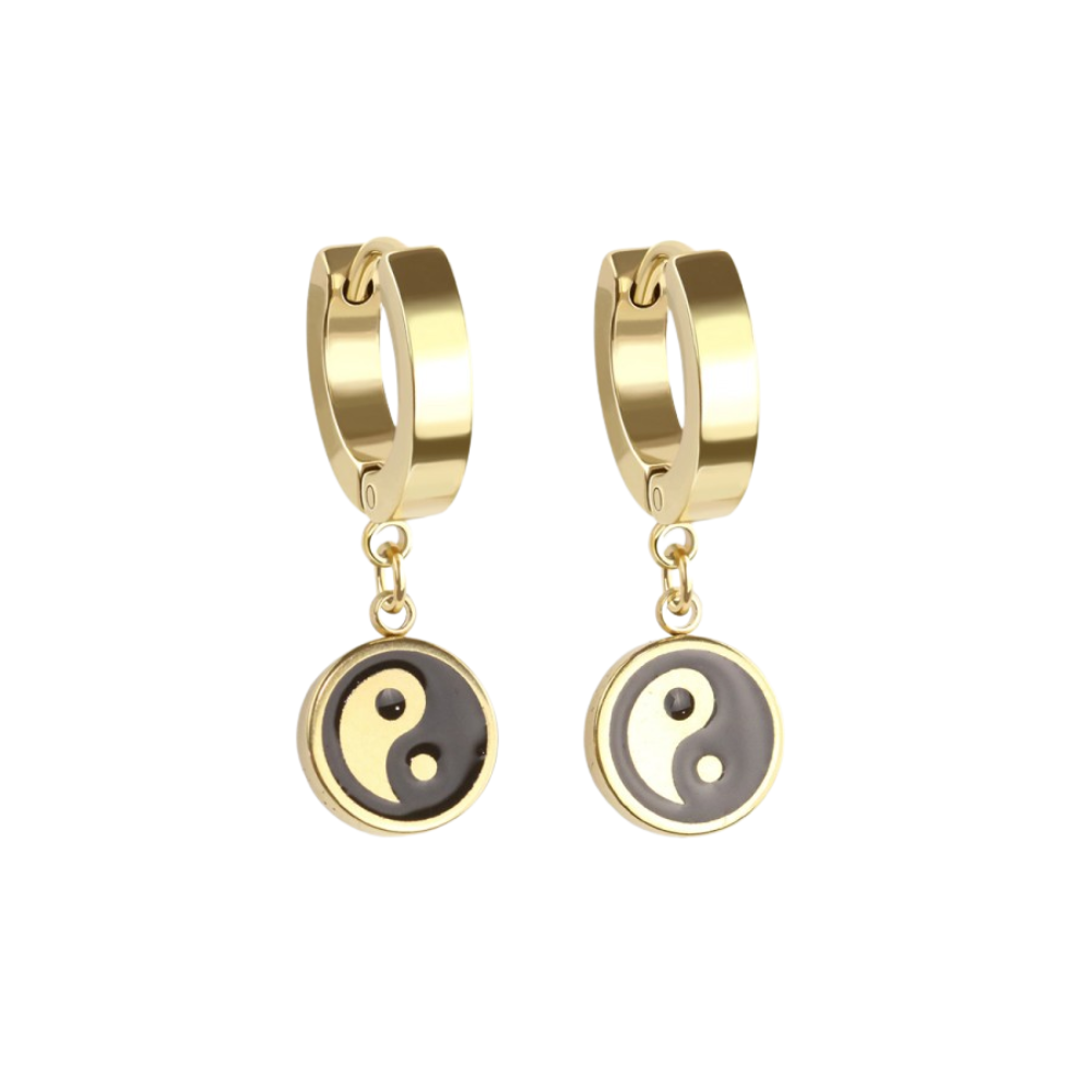 Yin Yang Dangling Huggie Hoop Earrings - Pair - 316L Stainless Steel
