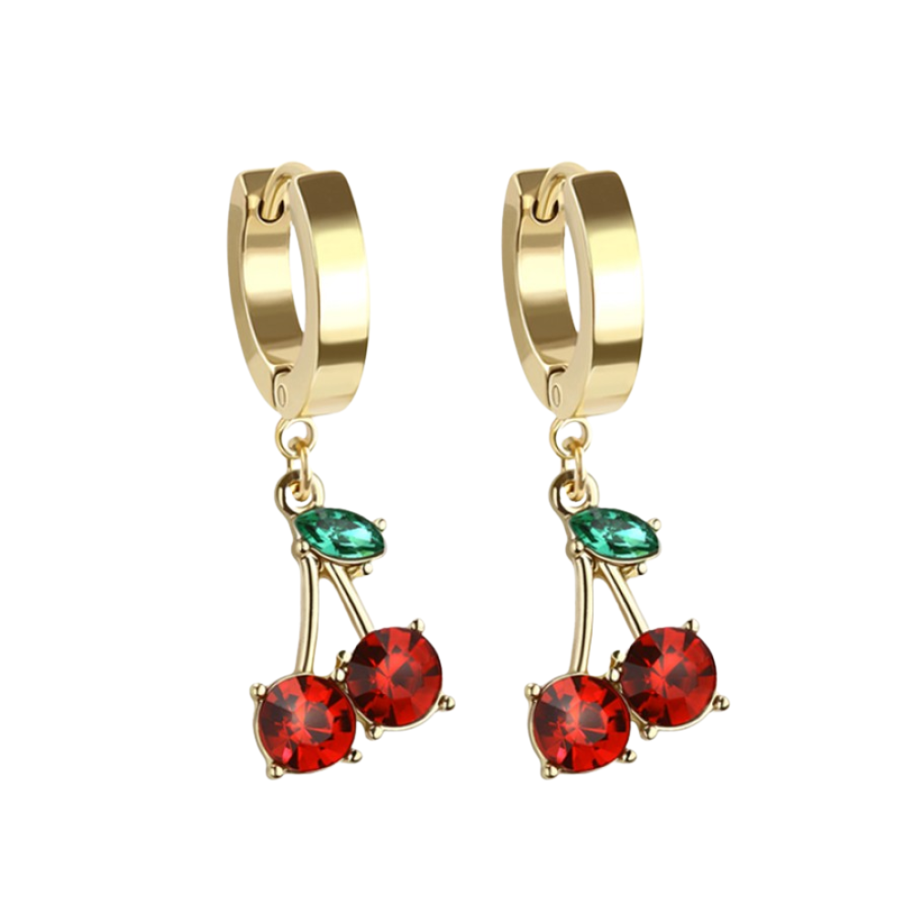 CZ Crystal Cherry Dangling Huggie Hoop Earrings - Pair - 316L Stainless Steel