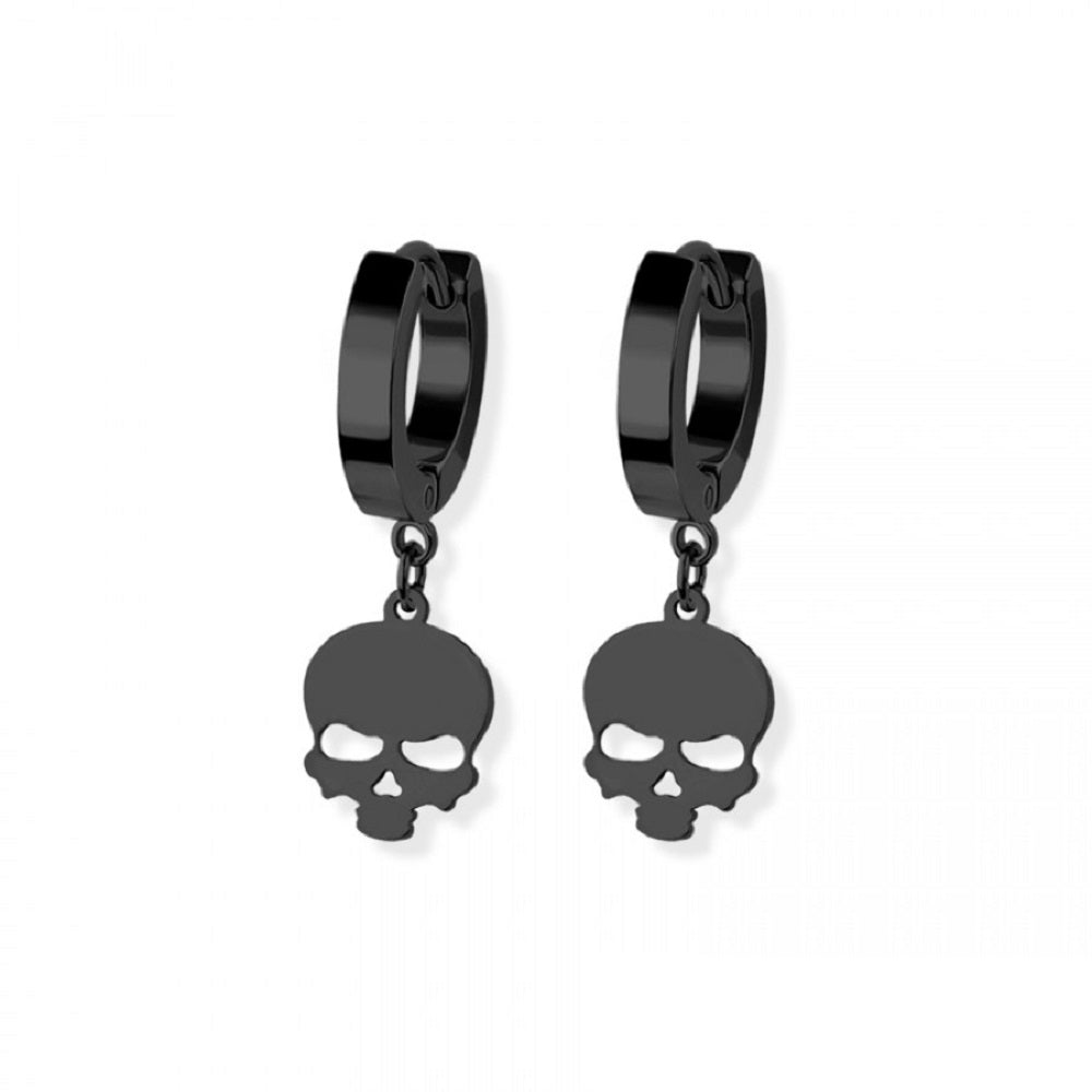 Skull Head Dangling Huggie Hoop Earrings - Pair - 316L Stainless Steel