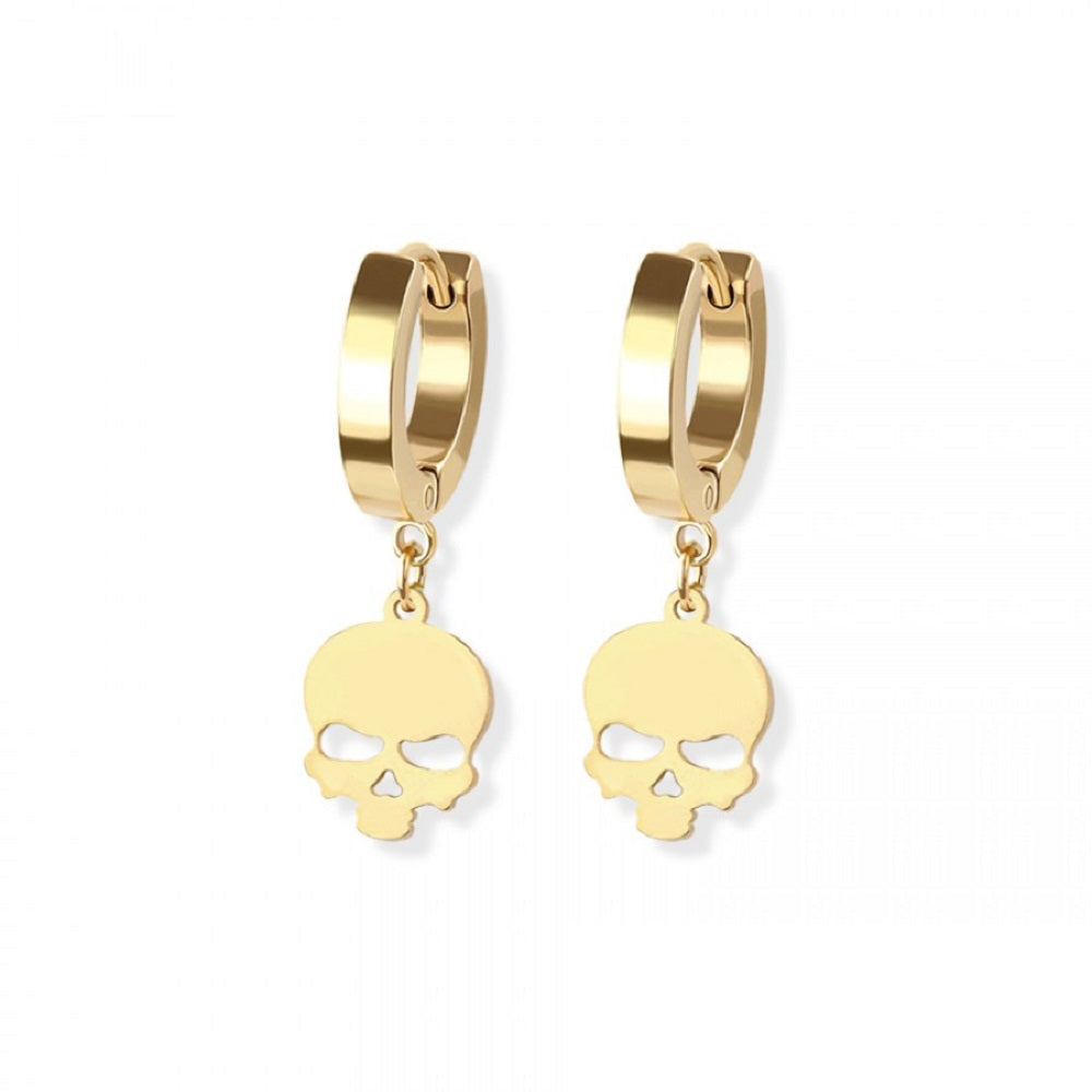 Skull Head Dangling Huggie Hoop Earrings - Pair - 316L Stainless Steel