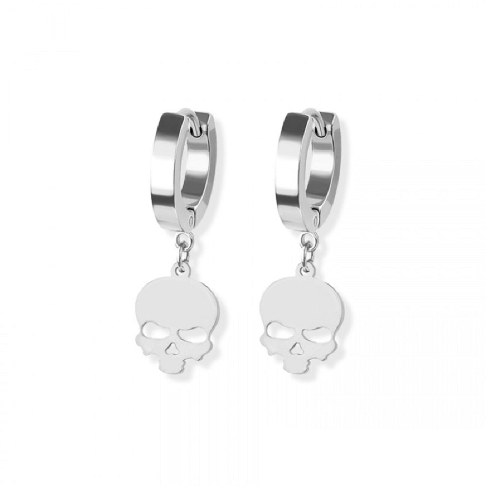 Skull Head Dangling Huggie Hoop Earrings - Pair - 316L Stainless Steel