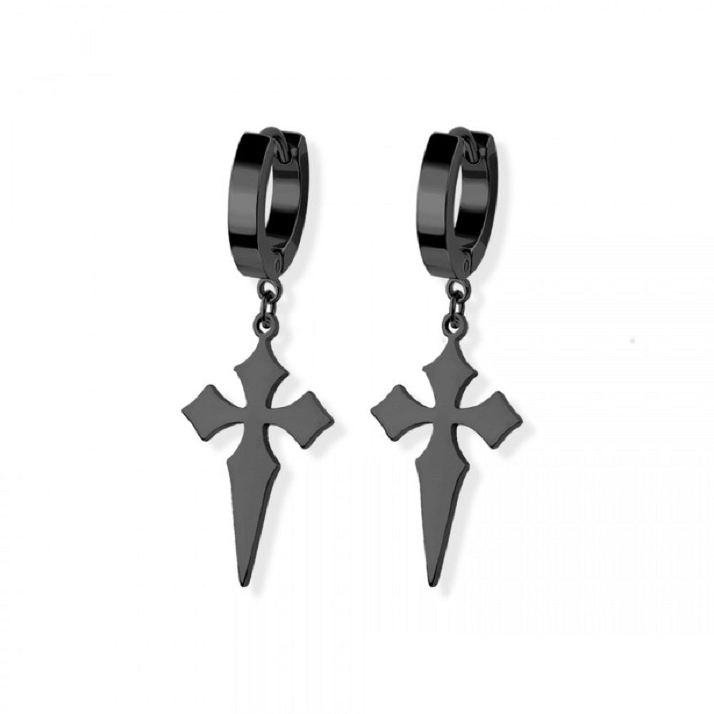 Cross Dagger Dangling Huggie Hoop Earrings - Pair - 316L Stainless Steel