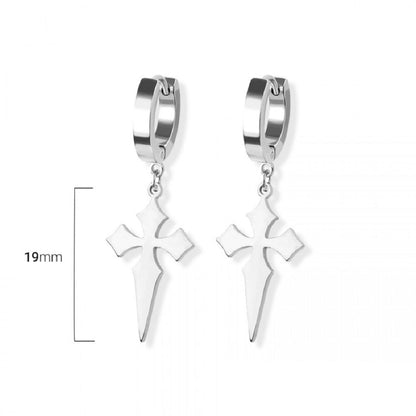 Cross Dagger Dangling Huggie Hoop Earrings - Pair - 316L Stainless Steel