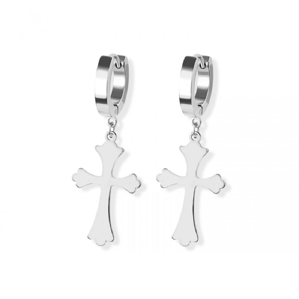 Gothic Cross Dangling Huggie Hoop Earrings Pair 316L Stainless