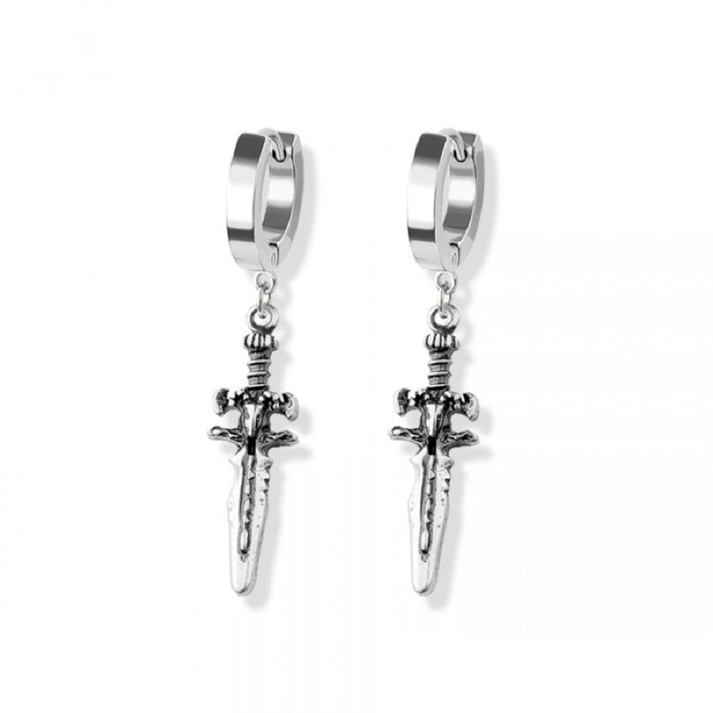 Dagger Huggie Hoop Dangling Earrings - 316L Stainless Steel - Pair