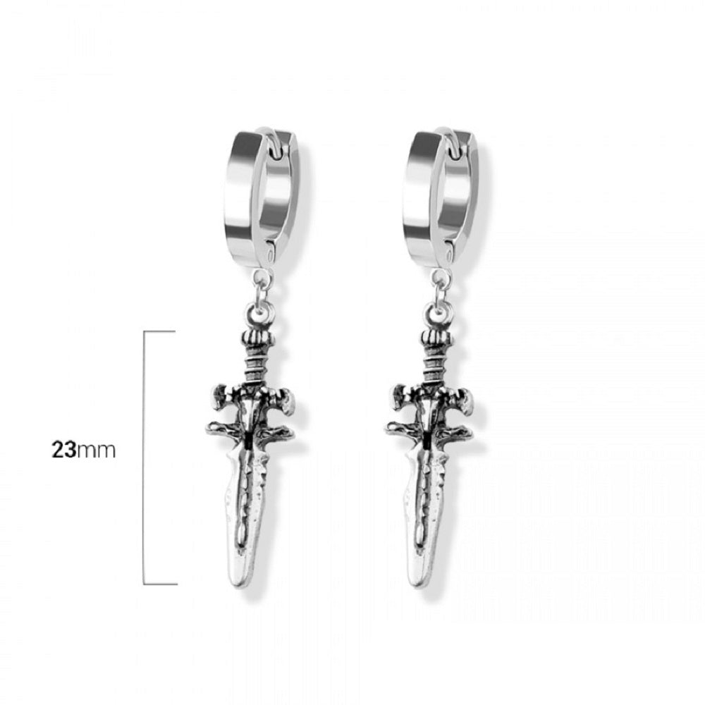Dagger Huggie Hoop Dangling Earrings - 316L Stainless Steel - Pair