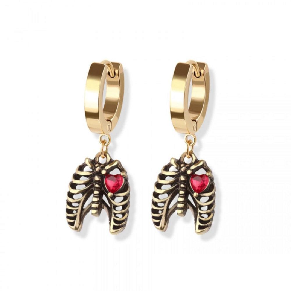 Skeleton Rib Cage with Crystal Heart Huggie Hoop Dangling Earrings - 316L Stainless Steel - Pair