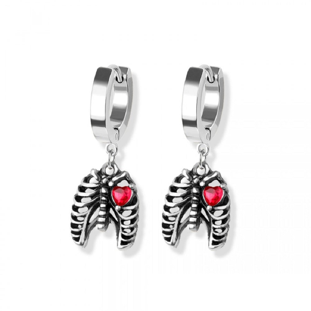 Skeleton Rib Cage with Crystal Heart Huggie Hoop Dangling Earrings - 316L Stainless Steel - Pair