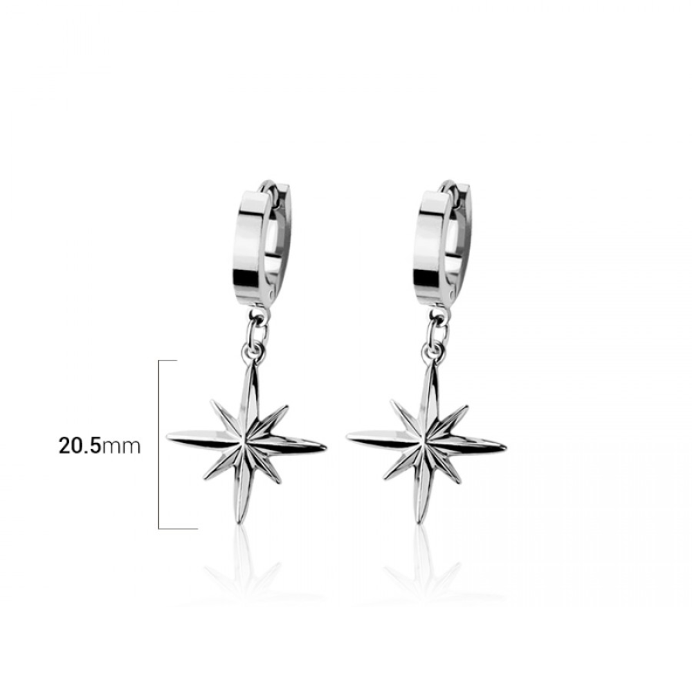 North Star Dangling Huggie Hoop Earrings - Pair - 316L Stainless Steel