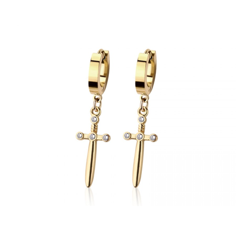Sword Dangling Huggie Hoop Earrings - Pair - 316L Stainless Steel