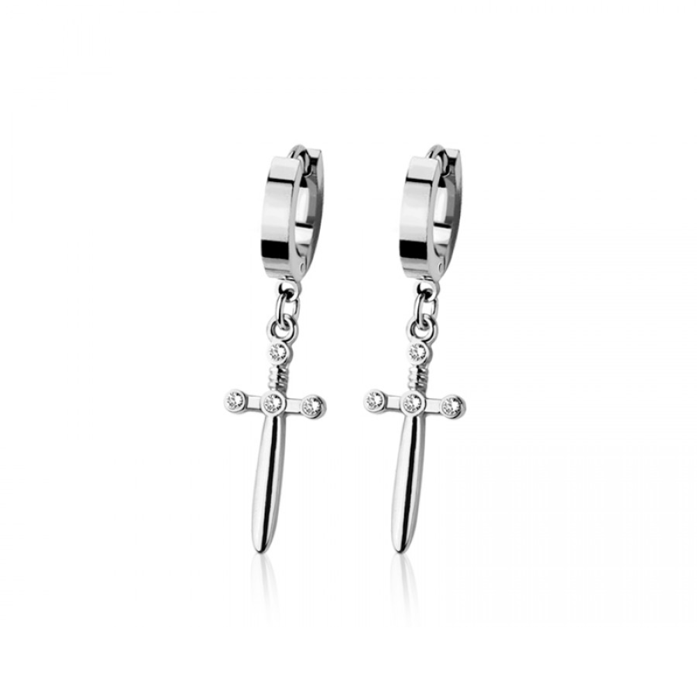 Sword Dangling Huggie Hoop Earrings - Pair - 316L Stainless Steel