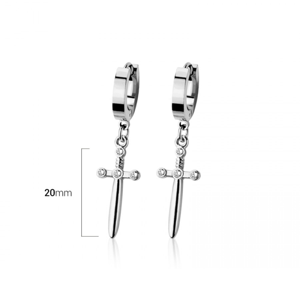 Sword Dangling Huggie Hoop Earrings - Pair - 316L Stainless Steel
