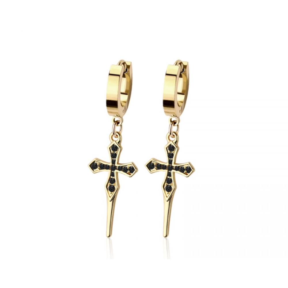 Black CZ Crystal Pointed Cross Dangling Huggie Hoop Earrings - Pair - 316L Stainless Steel