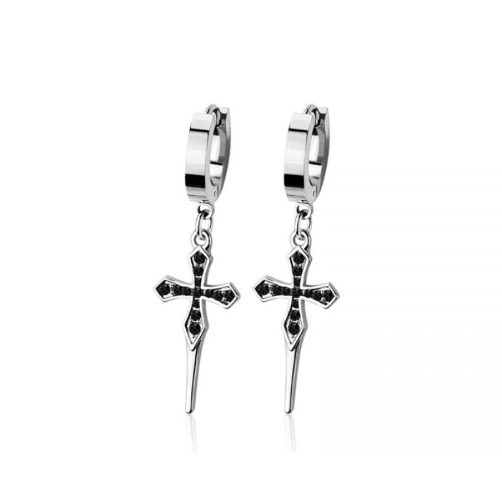 Black CZ Crystal Pointed Cross Dangling Huggie Hoop Earrings - Pair - 316L Stainless Steel