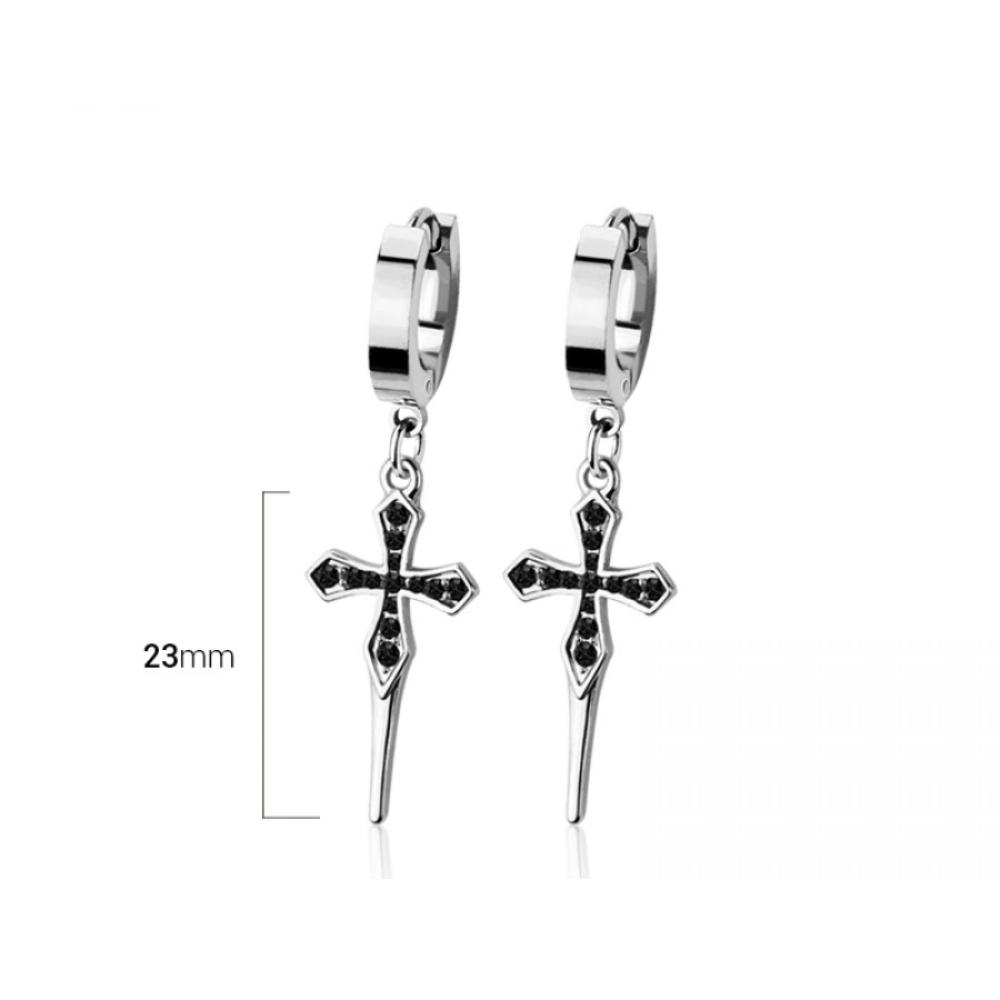 Black CZ Crystal Pointed Cross Dangling Huggie Hoop Earrings - Pair - 316L Stainless Steel