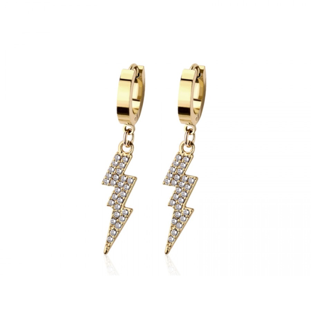 CZ Crystal Lightning Bolt Dangling Huggie Hoop Earrings - Pair - 316L Stainless Steel