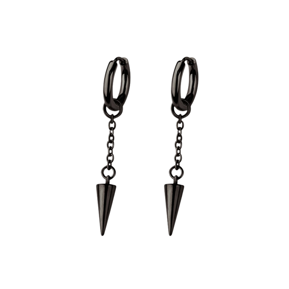 Dangling Chain with Spike Huggie Hoop Earrings - Pair - 316L Stainless Steel