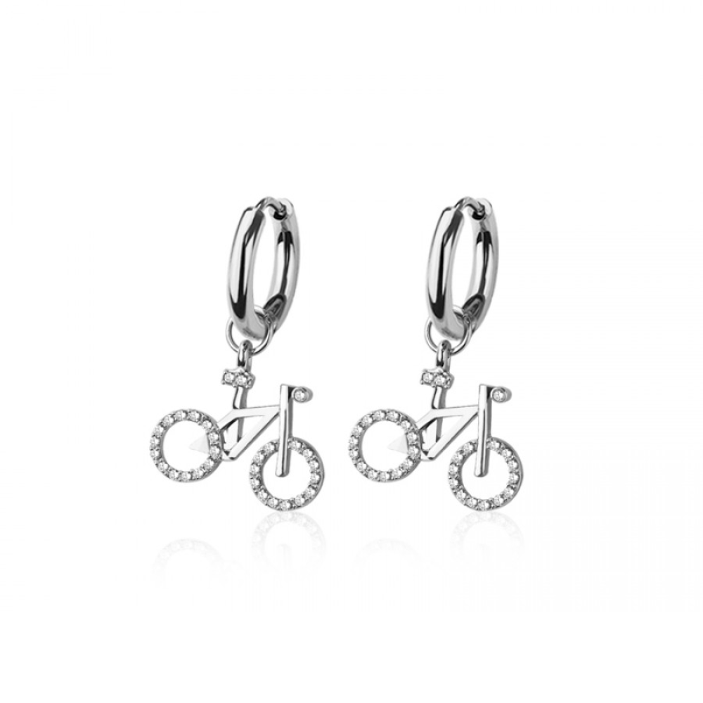 CZ Crystal Bicycle Dangling Huggie Hoop Earrings - Pair - 316L Stainless Steel